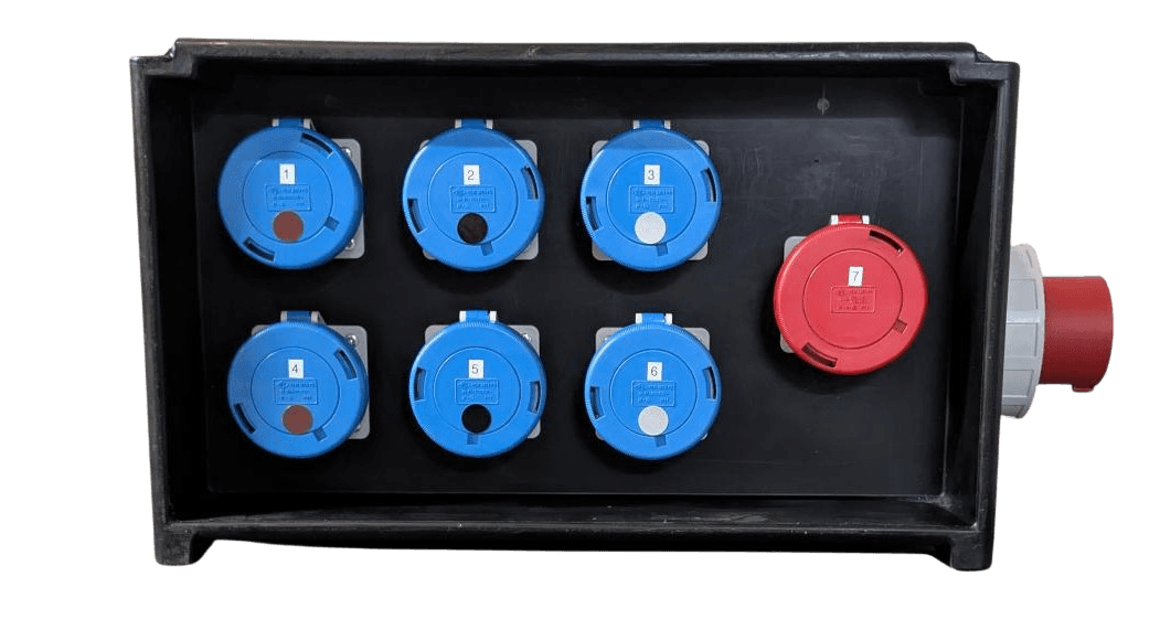 Black stackable distribution box front - six blue 230v 32a ip67 sockets, one 415v socket, inlet on side