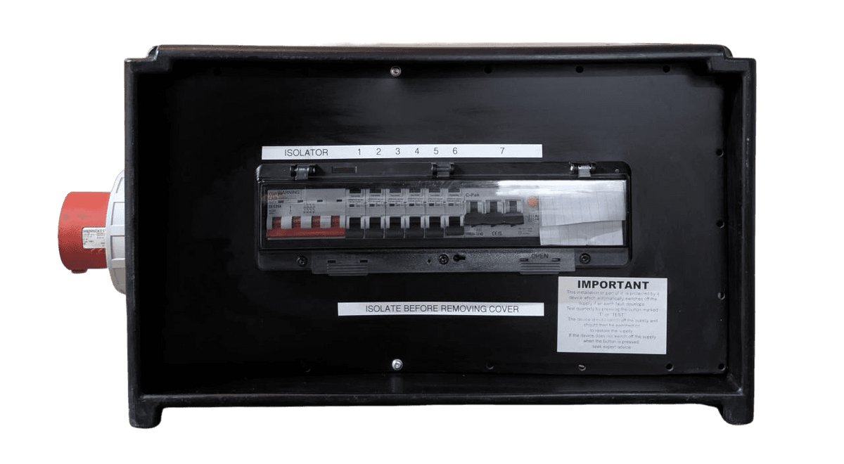 Window on black stackable distro box 125A rated IP67