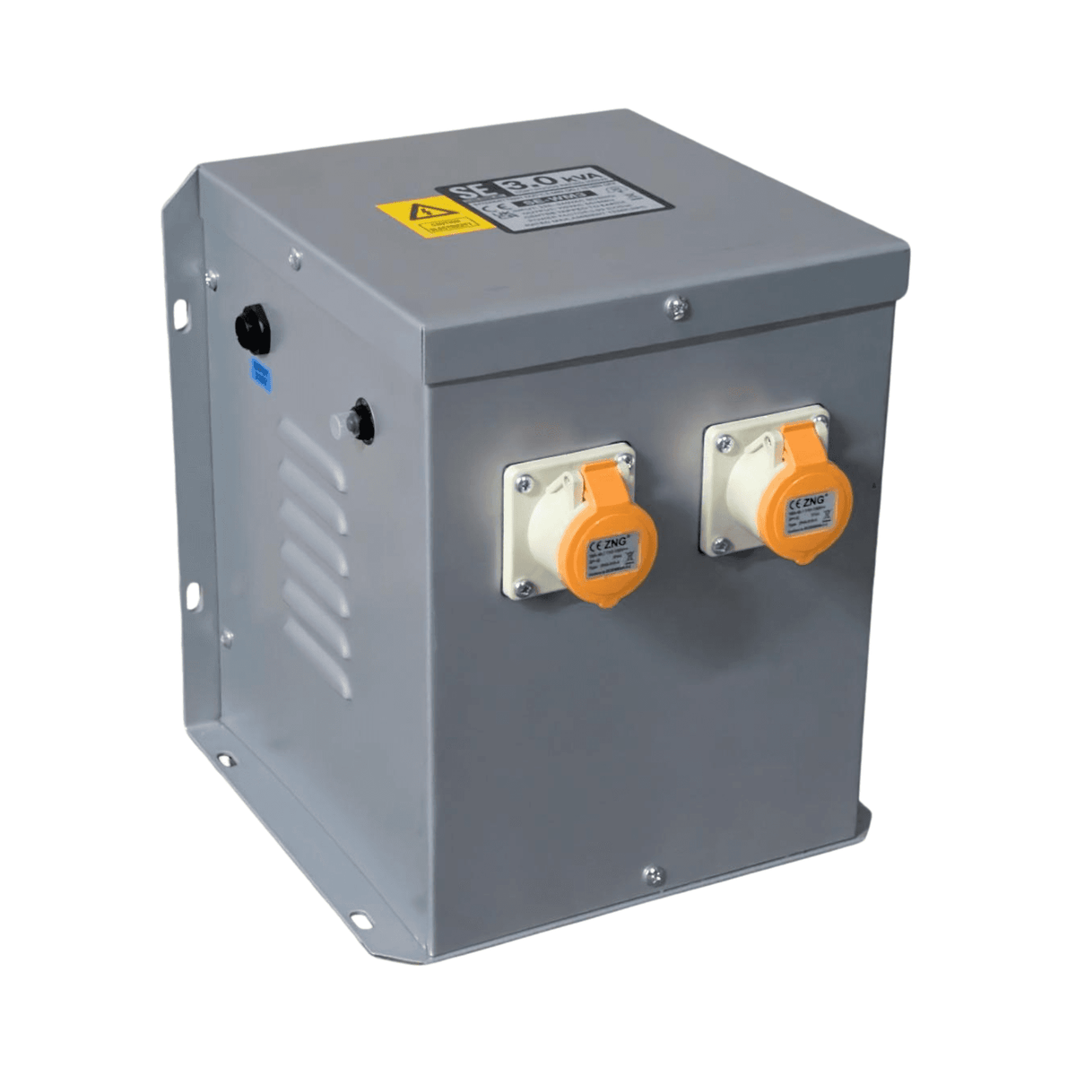 An angled view of a 3KVA 230V-110V Wall-floor industrial transformer fitted with 2x 110V 16A IP44 panel sockets. Resettable thermal trip fitted.
