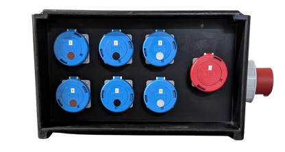 PORTABLE BLACK STACKABLE DISTRIBUTION BOX IP67 RATED - 415V 5P 125A INLET FITTED - 6X 230V 32A SOCKETS - 1X 415V 5P 32A SOCKET