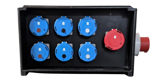 PORTABLE BLACK STACKABLE DISTRIBUTION BOX IP67 RATED - 415V 5P 125A INLET FITTED - 6X 230V 32A SOCKETS - 1X 415V 5P 32A SOCKET