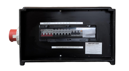 PORTABLE BLACK STACKABLE DISTRIBUTION BOX IP67 RATED - 415V 5P 125A INLET FITTED - 6X 230V 32A SOCKETS - 1X 415V 5P 32A SOCKET