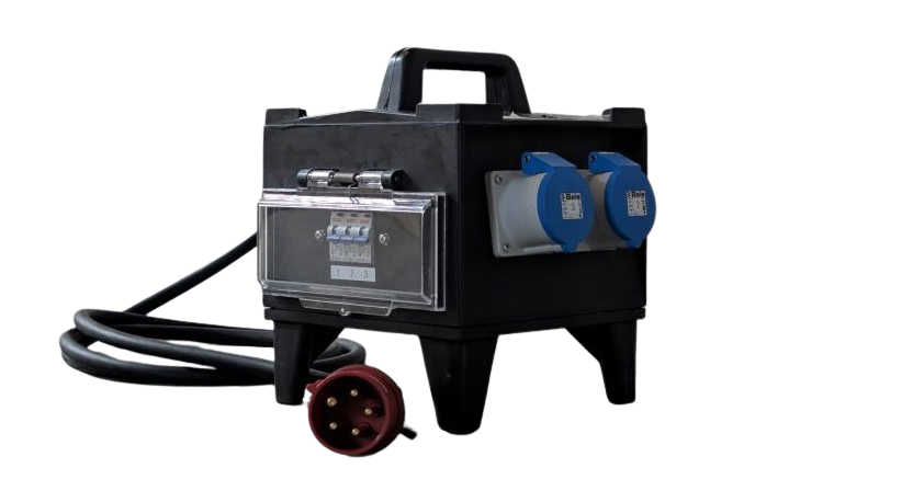 PORTABLE RUBBER SPLITTER BOX - 3M 6MM 5-CORE RUBBER CABLE - 415V 5P 32A IP44 PLUG - 3X 230V 32A PANEL SOCKETS
