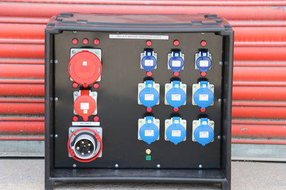 A heavy-duty black electrical distribution panel or control cabinet with multiple red and blue industrial power outlets, set against a red corrugated metal background.