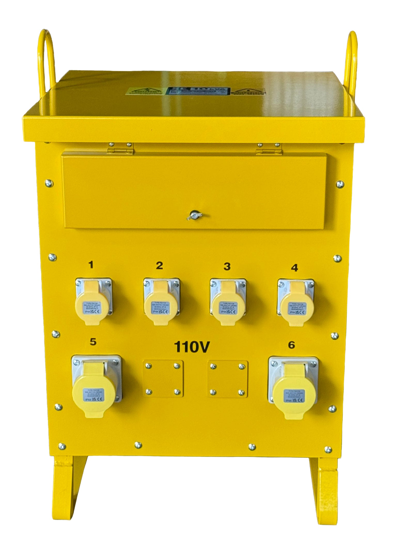 A YELLOW 110V 10KVA 3PH SITE TRANSFORMER, WITH FOUR 110V 16A IP44 SOCKETS AND TWO 110V 32A IP44 SOCKETS