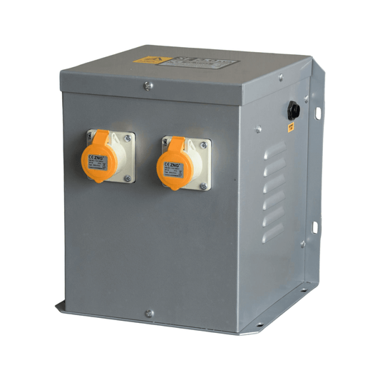 An angled view of a 3KVA 230V-110V Wall-floor industrial transformer fitted with 2x 110V 16A IP44 panel sockets. Resettable thermal trip fitted.