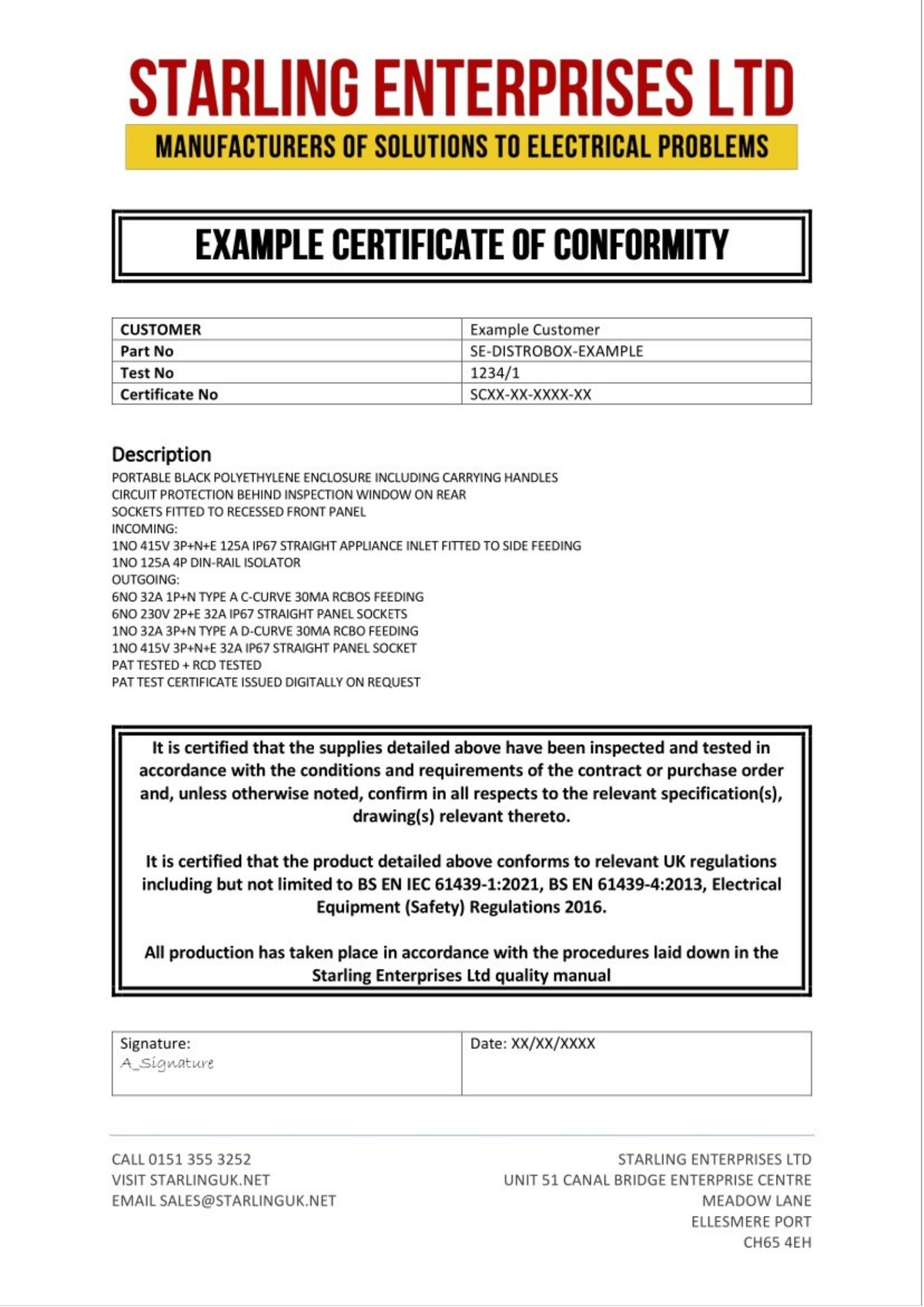 Starling's Example Certificate Of Conformity for their Quality Control Procedure