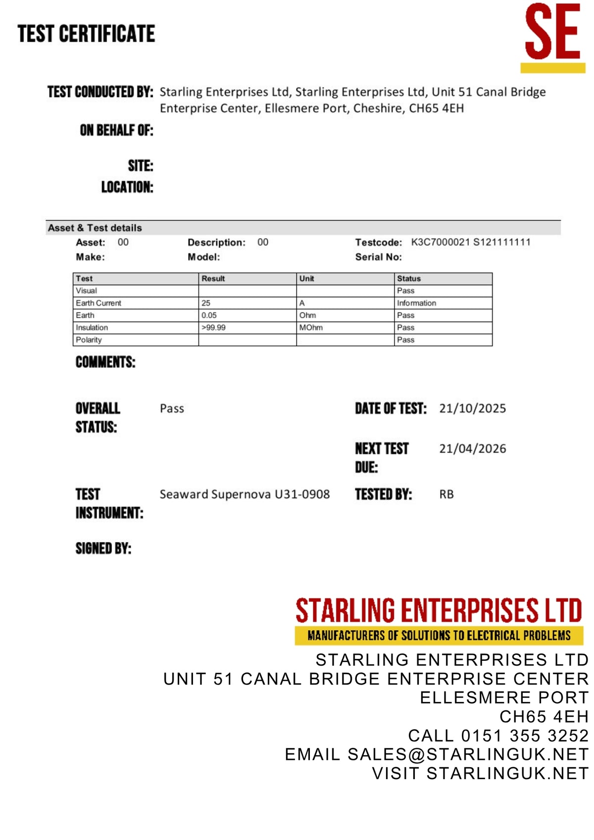 Starling's Example PAT test certificate for their Quality Control Procedure